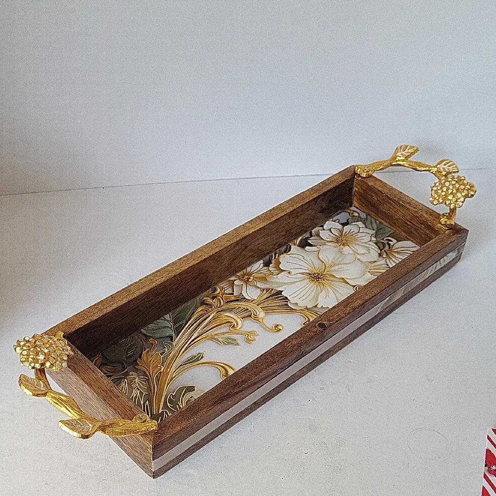 Jilmilwoodkraft India Wood Floral Dresser Tray with Gold Floral Handles